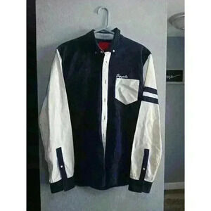 PRPGNDA Mens Long Sleeve Button Up Shirt Navy Blue‎ White Large